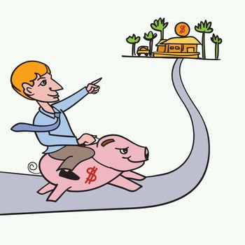 Man riding piggybank heading to his goal ,Concept for saving money for wealth