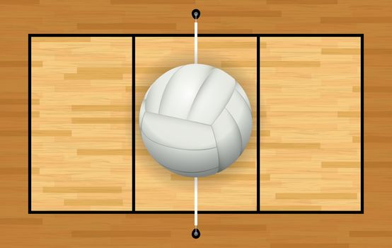 A light grey white volleyball on a hardwood volleyball court illustration. Vector EPS 10 available.