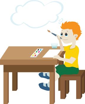 Illustration of a boy who is sitting at the table with a brush in his hand and thinks that he wants to draw