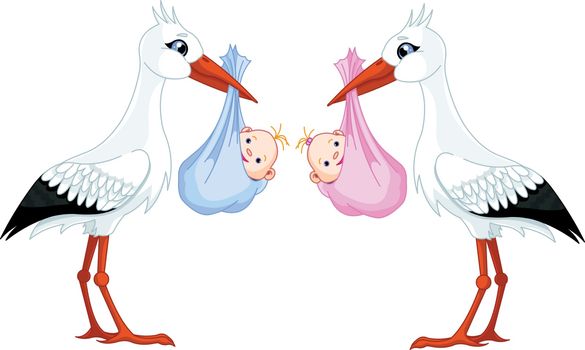 Illustration of two storks delivering newborn babies