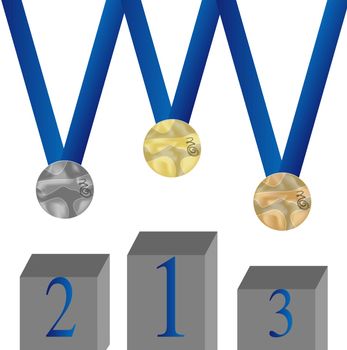 Set of medal. Bronze, silver and gold  hang on blue ribbon. Pedestal. Vector illustration