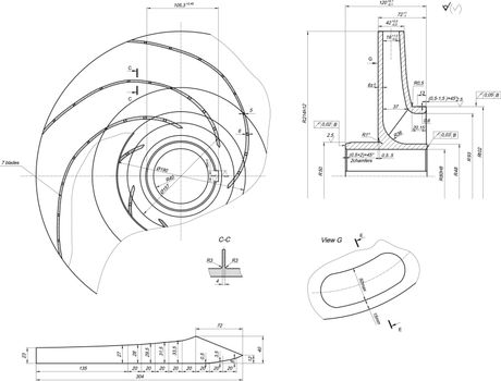 Expanded sketch of engineering wheel with blades, hatching, lines, angle degrees and numbers. Vector image