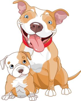 Illustration of cute Pit-bull mother and cub