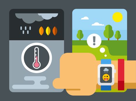 Weather application information on smart watch vector concept Illustration in flat style design.
