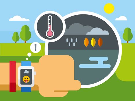 Weather application information on smart watch vector concept Illustration in flat style design.