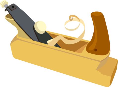 Wooden plane, boards and a shaving on a white background. Vector illustration.