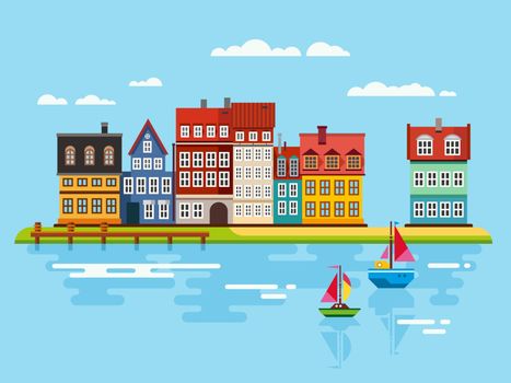 Harbor, waterfront with boats on river vector flat illustrations