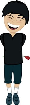A black haired boy with a rose behind his back