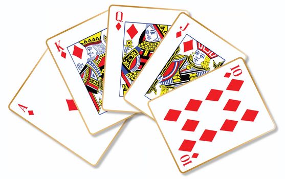 The playing card making a royal flush over a white background