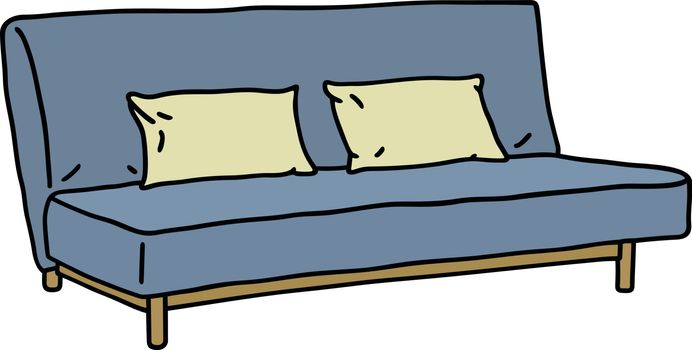 Hand drawing of a blue simple sofa with two cream pillows