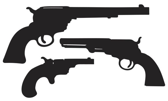 Hand drawing of three classic big and small Wild West handguns