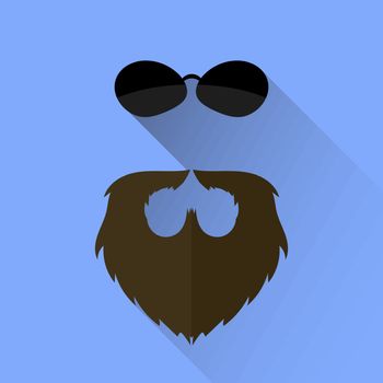 Beard and Sunglasses Icon Isolated on Blue Background. Long Shadow.