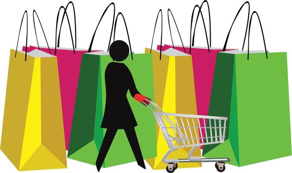 Female figure with shopping cart and bags