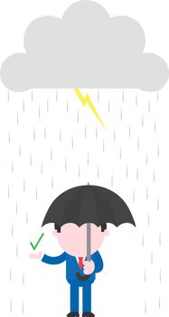 Vector cartoon businessman showing check mark holding umbrella under thunderstorm