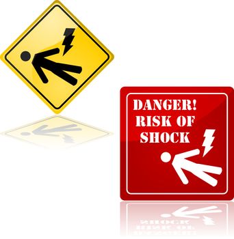 Set of two signs showing a man lying down and a lightning bolt, representing the danger of electric shock