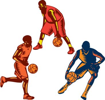 Illustration of a collection or set of basketball player dribble dribbling ball on isolated white background done in retro woodcut style.