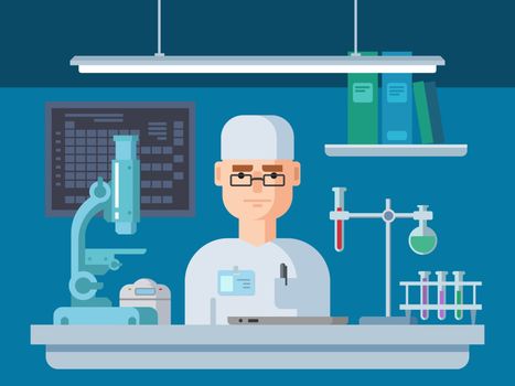 Doctor sits in the laboratory. Healthcare and medical research flat Vector illustration