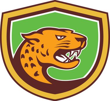 Illustration of a jaguar leopard head facing side growling prowling set inside shield crest on isolated background done in retro style.