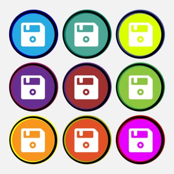 floppy  icon sign. Nine multi-colored round buttons. Vector illustration