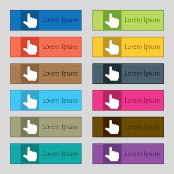 pointing hand  icon sign. Set of twelve rectangular, colorful, beautiful, high-quality buttons for the site. Vector illustration
