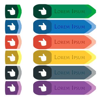 pointing hand  icon sign. Set of colorful, bright long buttons with additional small modules. Flat design. Vector