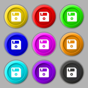 floppy icon sign. symbol on nine round colourful buttons. Vector illustration