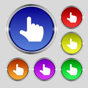 pointing hand icon sign. Round symbol on bright colourful buttons. Vector illustration