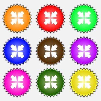 turn to full screen  icon sign. A set of nine different colored labels. Vector illustration