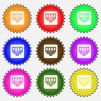 cable rj45, Patch Cord  icon sign. A set of nine different colored labels. Vector illustration