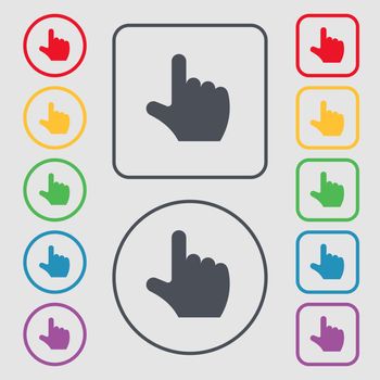 pointing hand icon sign. symbol on the Round and square buttons with frame. Vector illustration