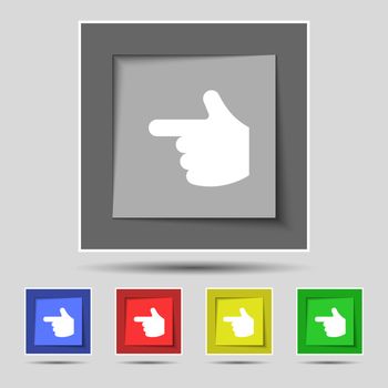 pointing hand icon sign on the original five colored buttons. Vector illustration