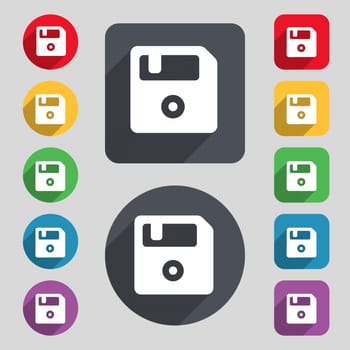 floppy  icon sign. A set of 12 colored buttons and a long shadow. Flat design. Vector illustration