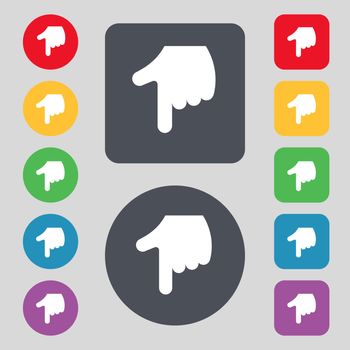 pointing hand  icon sign. A set of 12 colored buttons. Flat design. Vector illustration
