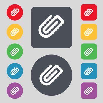 Paper Clip  icon sign. A set of 12 colored buttons. Flat design. Vector illustration