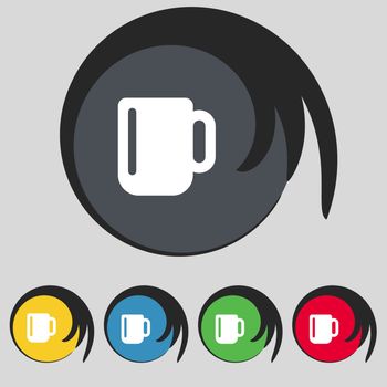 cup coffee or tea icon sign. Symbol on five colored buttons. Vector illustration
