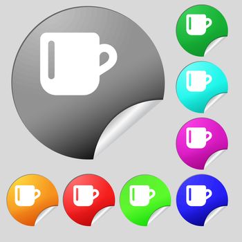 cup coffee or tea  icon sign. Set of eight multi-colored round buttons, stickers. Vector illustration