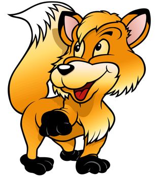 Cheerful Fox Raising Paw - Cartoon Illustration, Vector