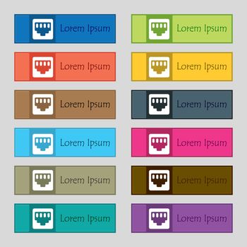 cable rj45, Patch Cord  icon sign. Set of twelve rectangular, colorful, beautiful, high-quality buttons for the site. Vector illustration