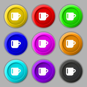 cup coffee or tea icon sign. symbol on nine round colourful buttons. Vector illustration