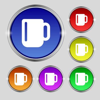 cup coffee or tea icon sign. Round symbol on bright colourful buttons. Vector illustration