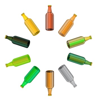 Colored Glass Beer Bottles Set Isolated on White Background