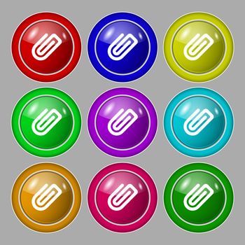 Paper Clip icon sign. symbol on nine round colourful buttons. Vector illustration