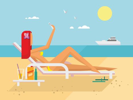 Sunbathing girl on the beach doing selfie flat vector illustration