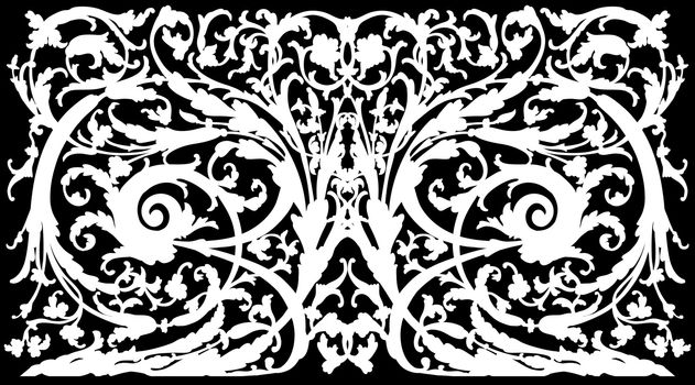 refined white drawing of a decorative ornament on a black background