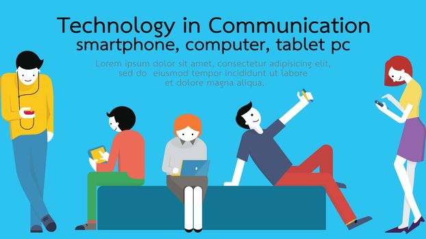 Young people, man and woman, using technology gadget, smartphone, mobile phone, tablet pc, laptop computer in communication concept. Flat design with copyspace. 
