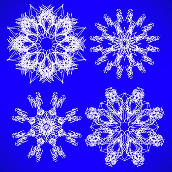 Abstract Snow Flakes Collection Isolated on Blue Background.