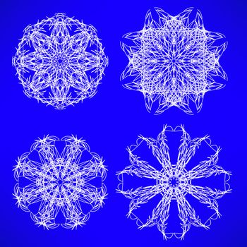 Abstract Geometric Snow Flakes Set Isolated on Blue Background.