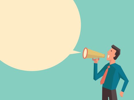 Business man speaking through megaphone with speech bubble for your text or your design. Flat design with cubic style for character of woman. 