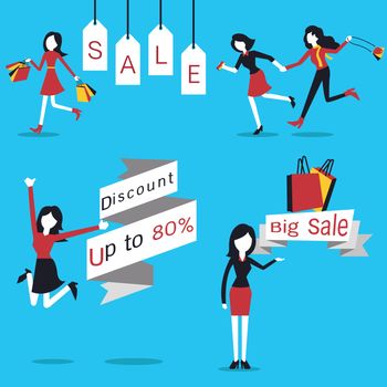 Woman in action of going shopping, carrying shopping bag, jumping with discount price banner, and presenting big sale. Simple character with flat design. 