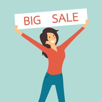Pretty woman smiling and holding sale sign banner with word, big sale. You can write your own text or design in copy space. 